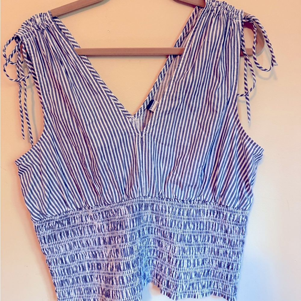 Old Navy White and Blue strip, V-Neck Linen Blend Blouse